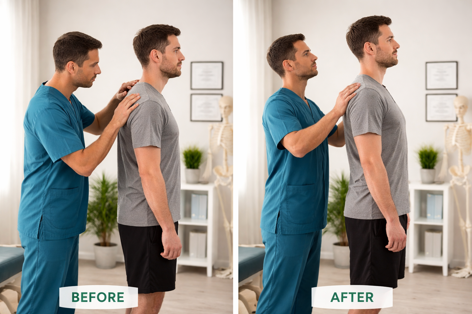 Before and after comparison of posture correction treatment