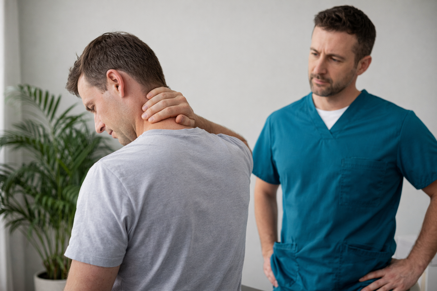 Physiotherapist explaining good vs poor posture chart