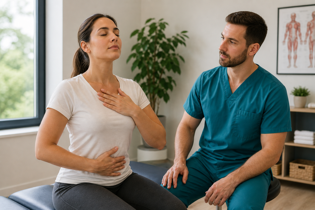 Woman practicing guided breathing exercise with posture specialist