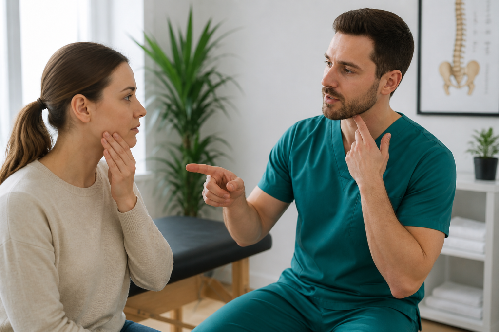 Posture specialist discussing jaw alignment and facial tension with female patient