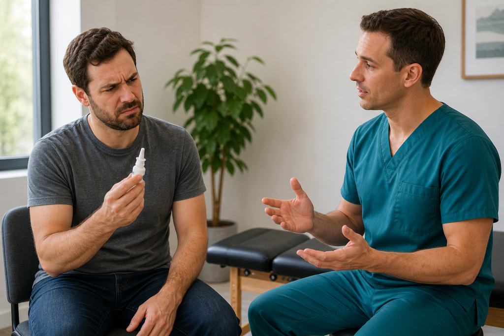 Male patient holding nasal spray while discussing symptoms with posture therapist