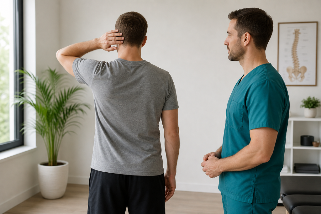 Male patient touching neck during posture assessment with wellness practitioner
