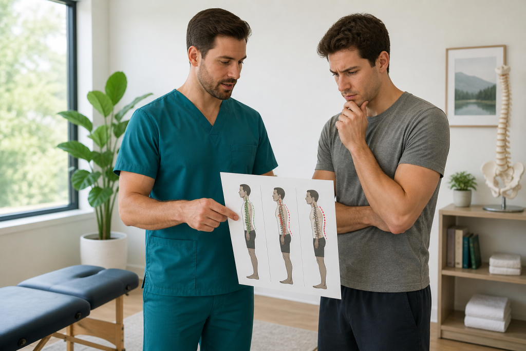Posture specialist reviewing spinal alignment chart with male patient