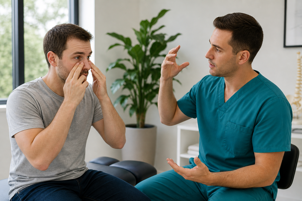 Posture specialist discussing sinus pressure symptoms with male patient during consultation