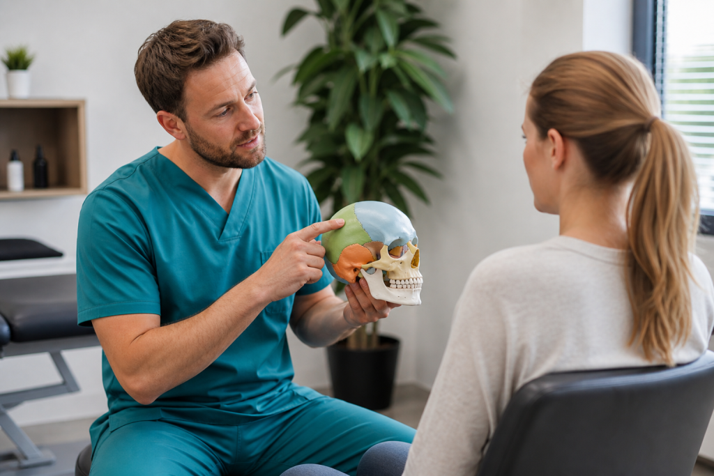 Posture specialist using skull model to explain anatomy to female patient