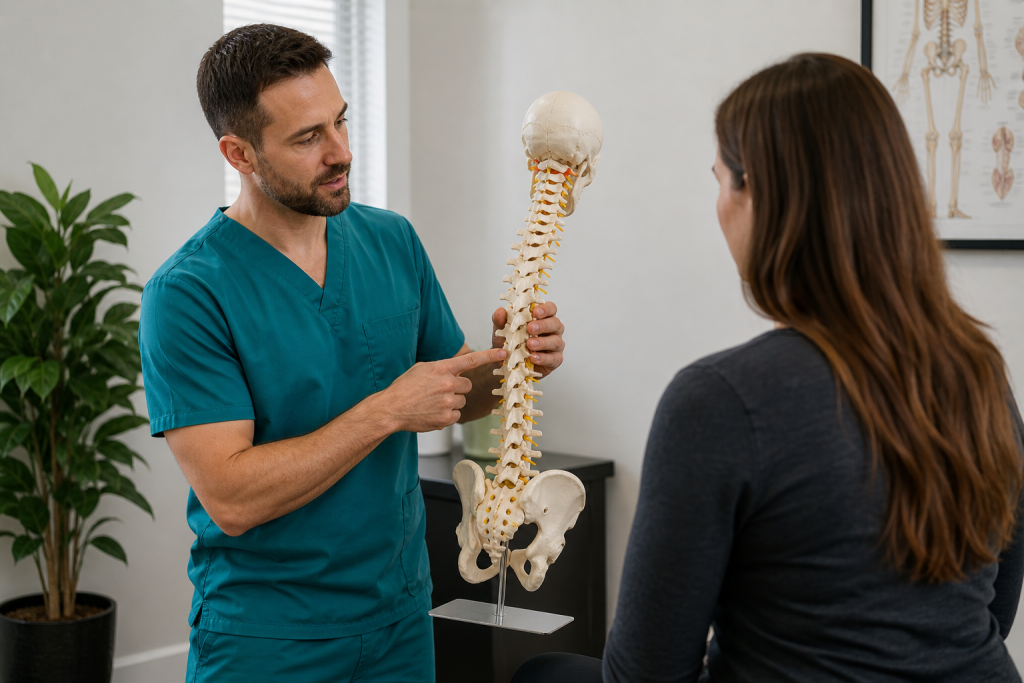 Wellness practitioner explaining spine anatomy using spinal model during consultation