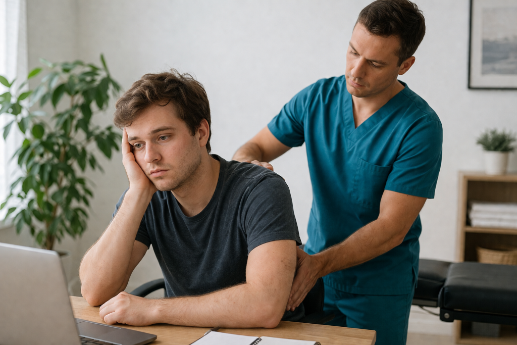 Posture therapist performing upper back treatment on seated male patient
