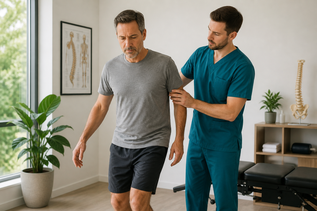 Wellness practitioner assisting older man with walking rehabilitation exercises