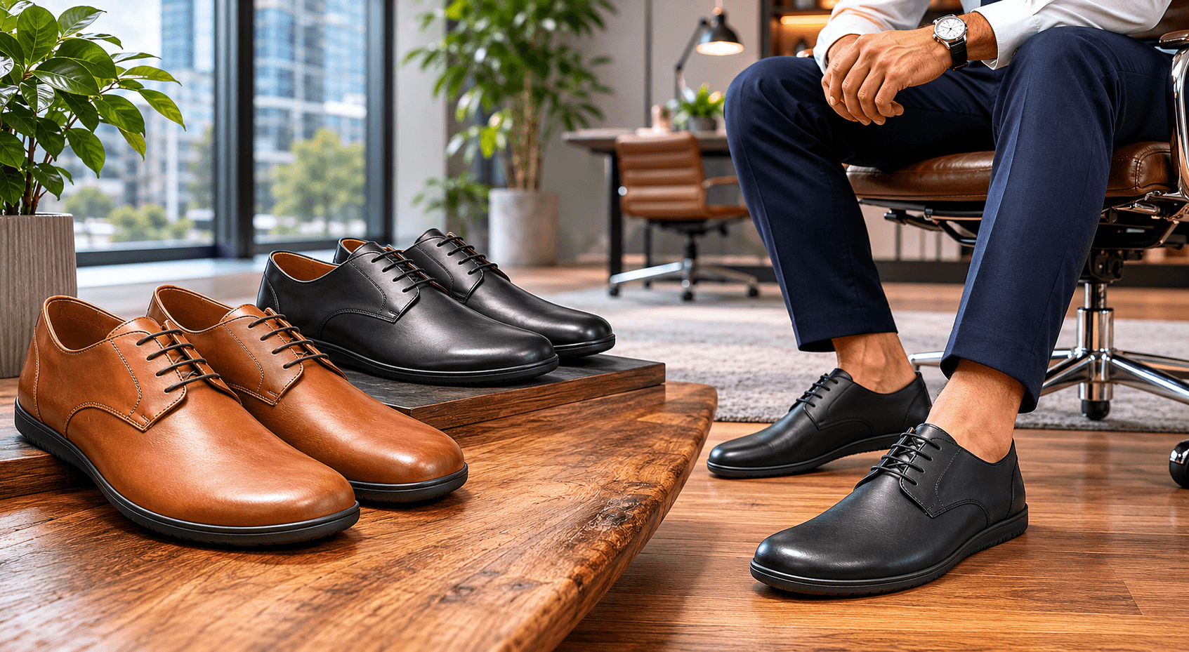 Men's black and brown formal barefoot shoes displayed in a modern office with a professional wearing black barefoot shoes.