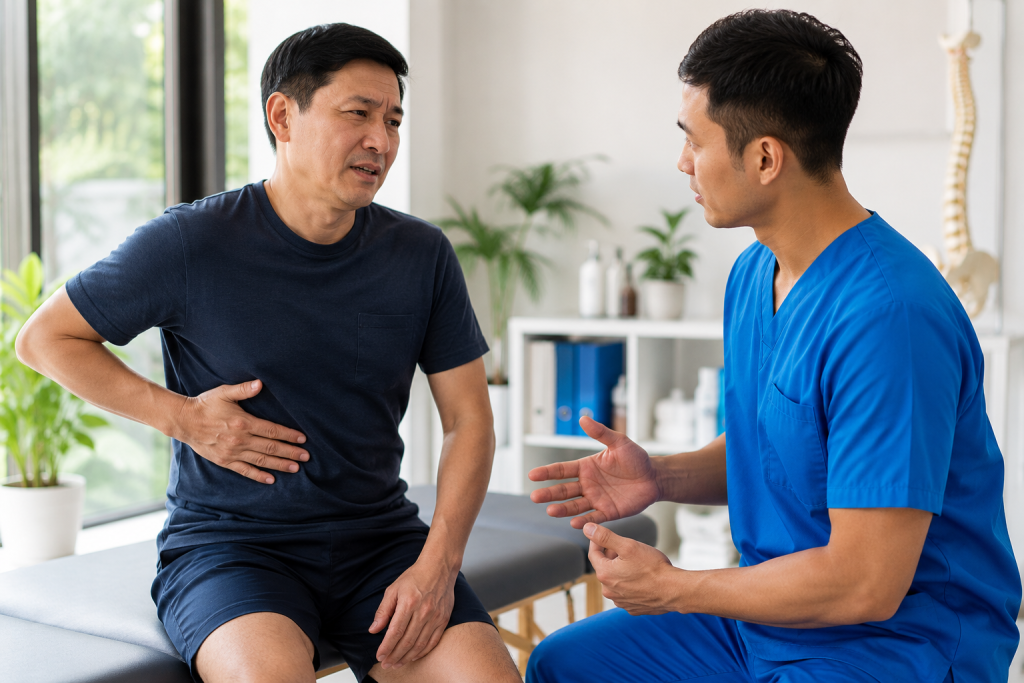 Patient discussing lower back pain symptoms with a healthcare professional