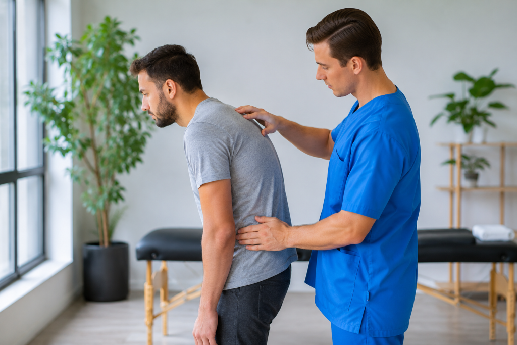 Posture therapist evaluating forward head posture and upper back alignment