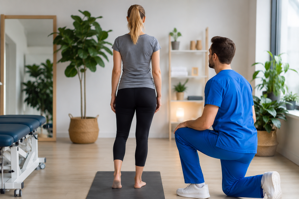 Posture specialist observing walking mechanics during a gait and movement assessment