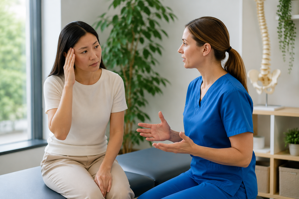 Patient speaking with a posture specialist about headaches and tension symptoms