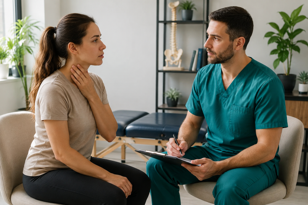 Patient discussing neck discomfort with a posture and rehabilitation specialist