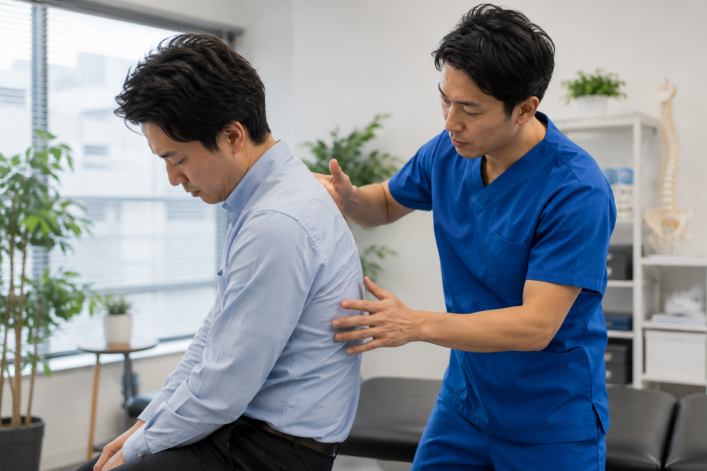 Practitioner assessing seated posture and spinal alignment of an office worker