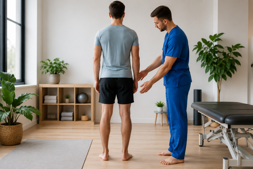 Practitioner conducting a standing posture screening and body alignment evaluation