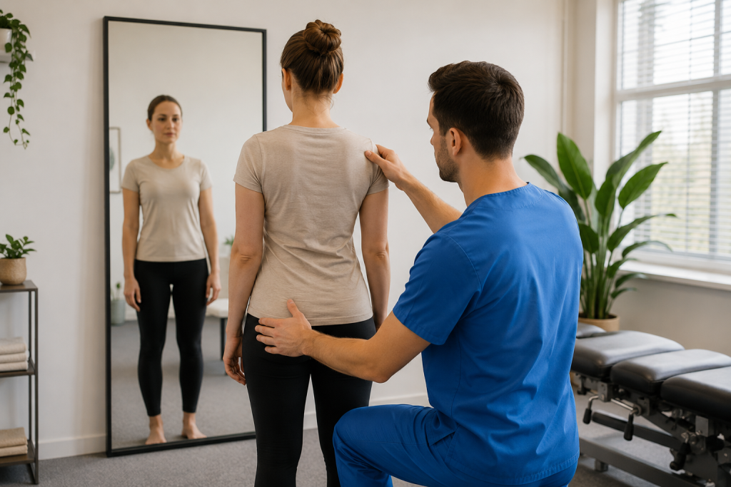 Posture therapist reviewing body alignment using a mirror-assisted posture assessment