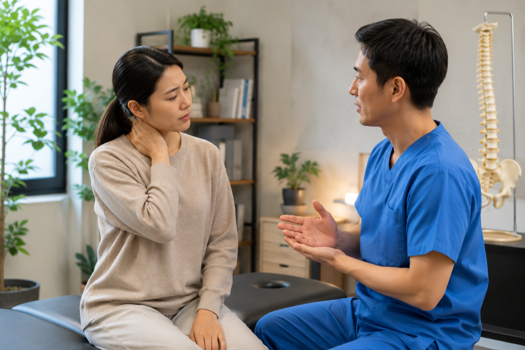 Patient describing neck pain symptoms during a posture assessment appointment