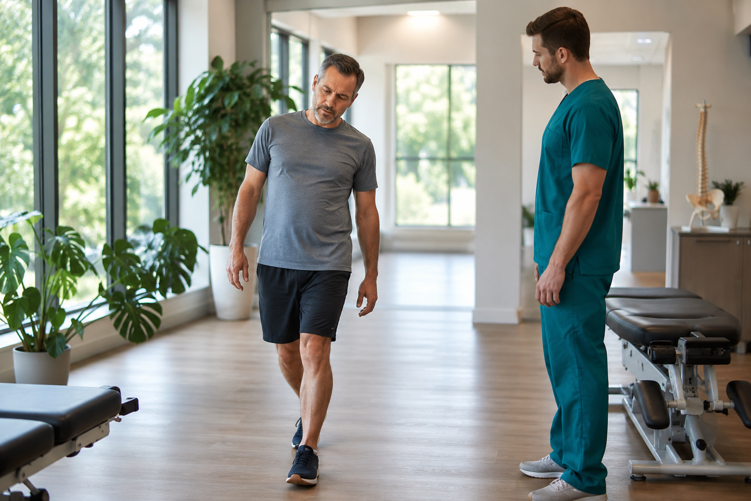 Patient walking during gait analysis while physiotherapist observes movement