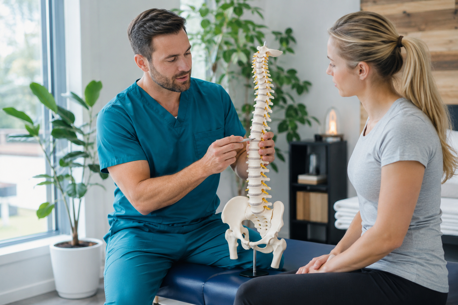 2026_08_uprightposturecouk_lower_back_spine_education_v1 - Upright Posture Physiotherapist explaining lower back anatomy with a spinal model