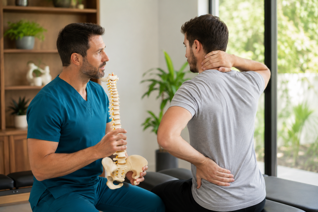 Physiotherapist discussing neck pain using a spine model during consultation