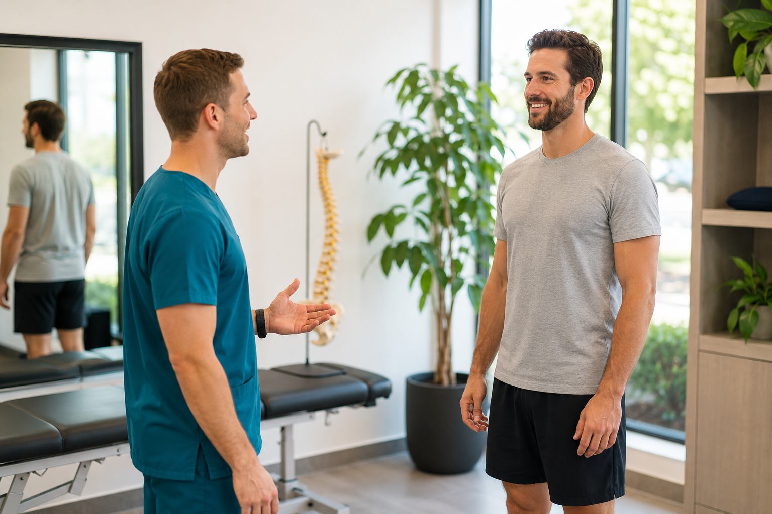 Physiotherapist and patient discussing successful posture assessment results
