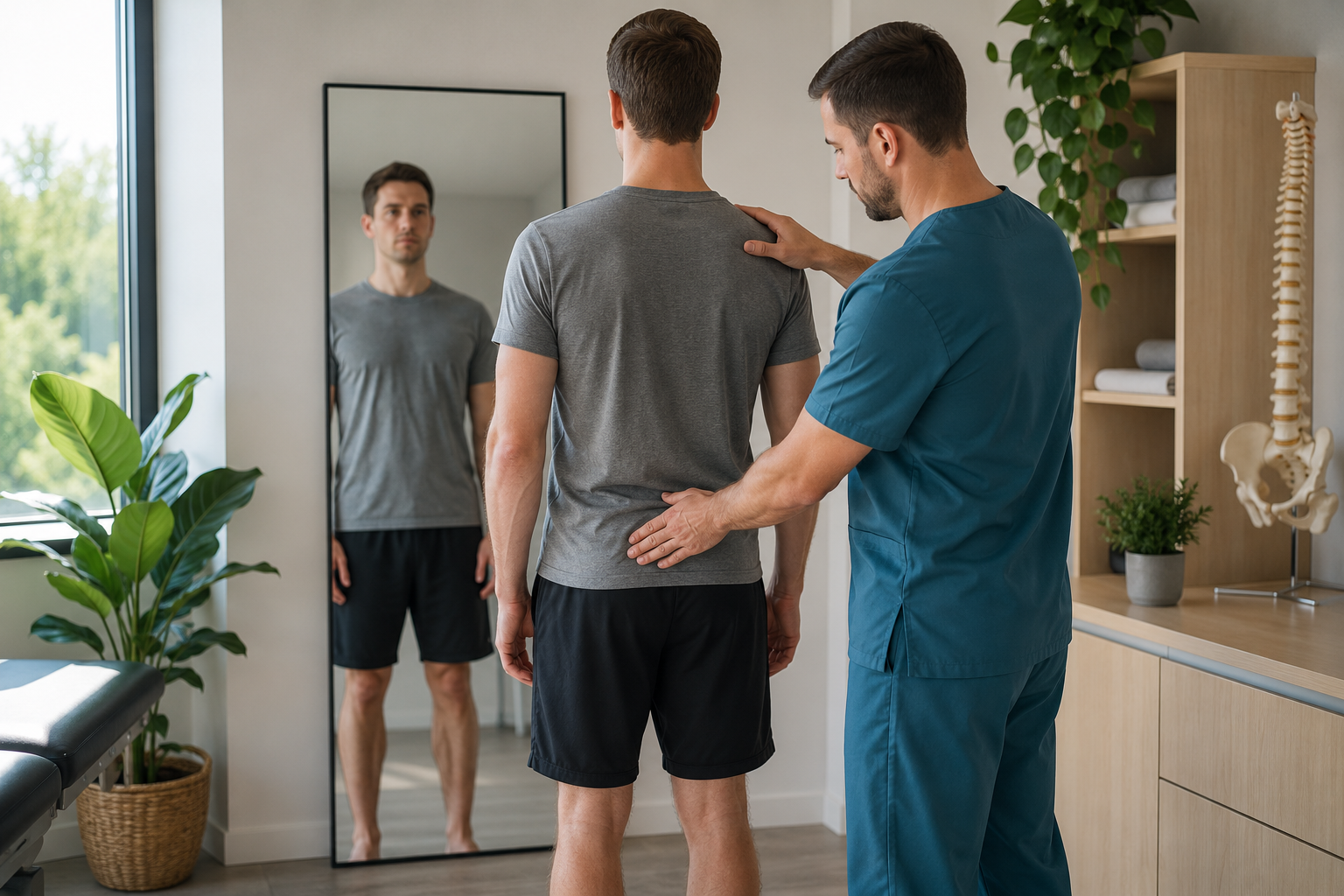 Physiotherapist assessing standing posture and spinal alignment from behind