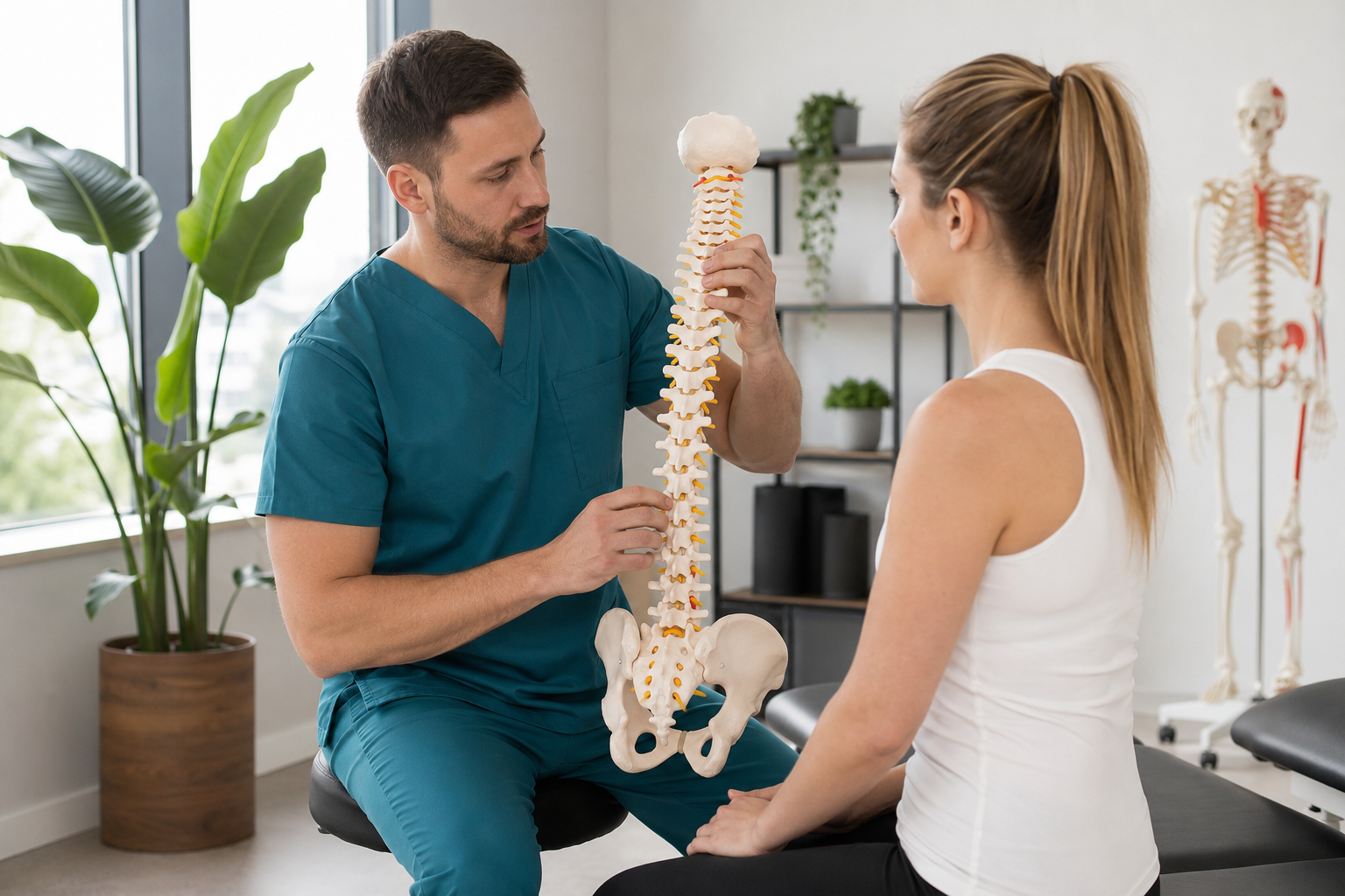 2026_08_uprightposturecouk_spinal_education_consultation_v1 - Upright Posture Physiotherapist explaining spine anatomy using a spinal model during consultation