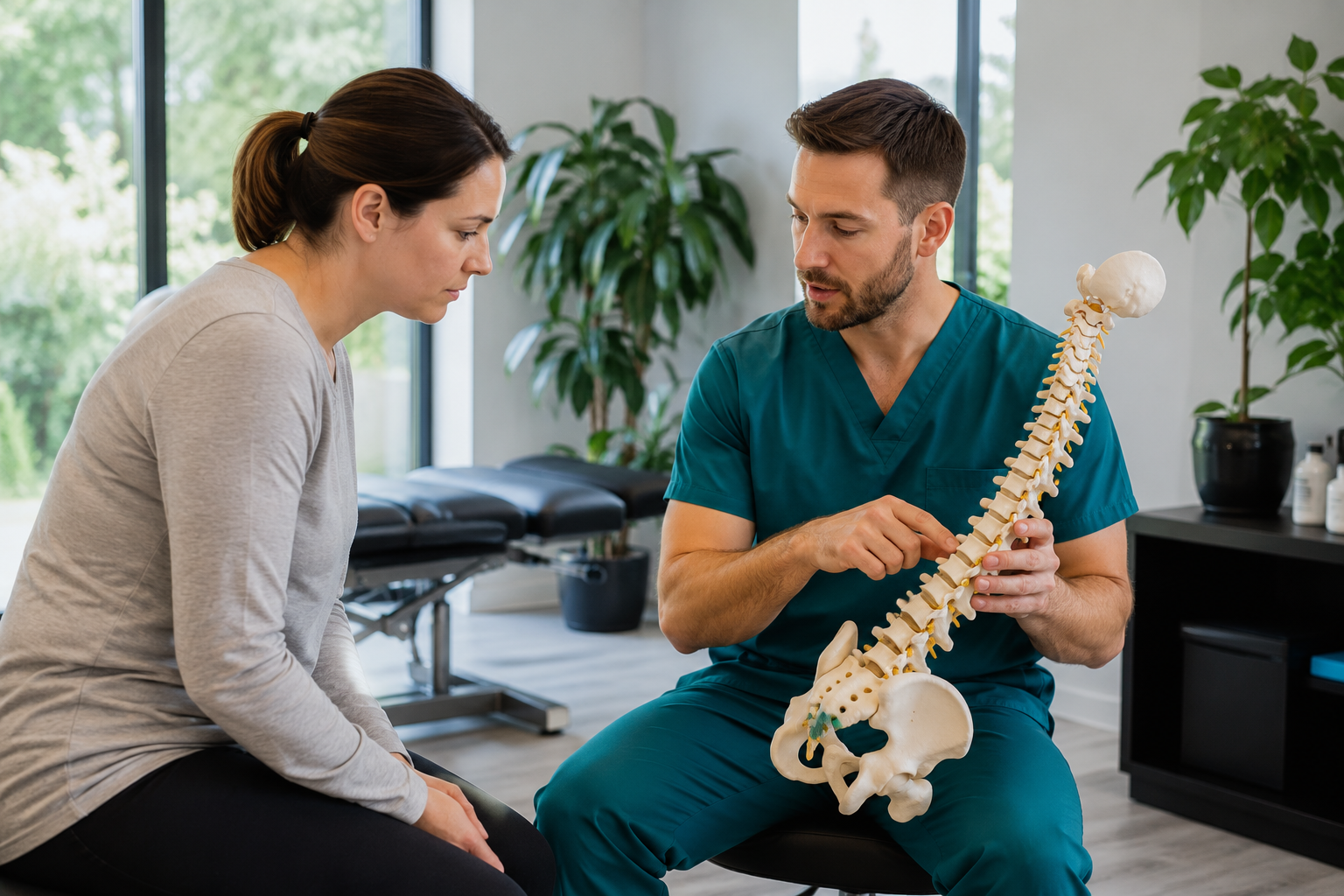 2026_08_uprightposturecouk_spinal_health_patient_education_v1 - Upright Posture Physiotherapist teaching spinal anatomy to patient using an anatomical spine model