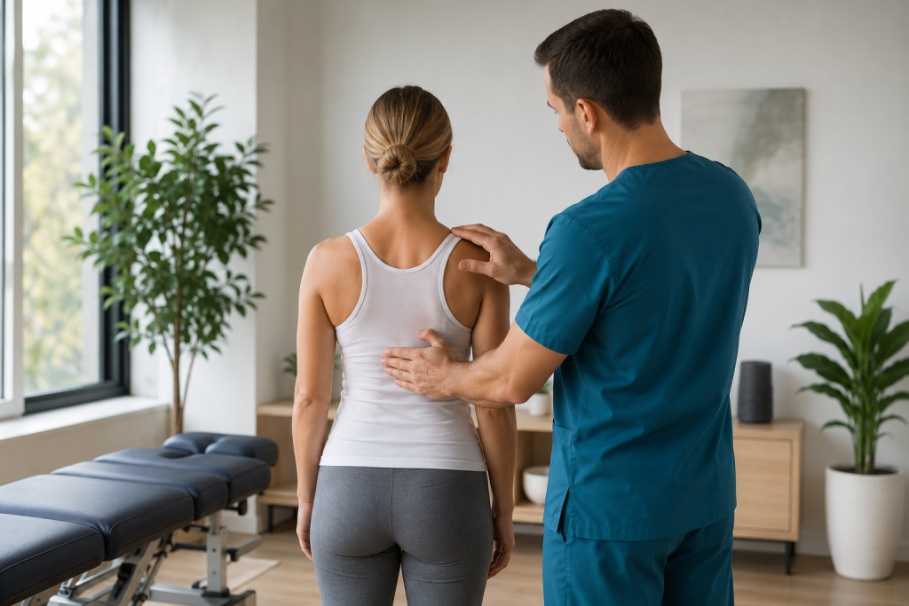 Physiotherapist examining upper back posture and shoulder positioning