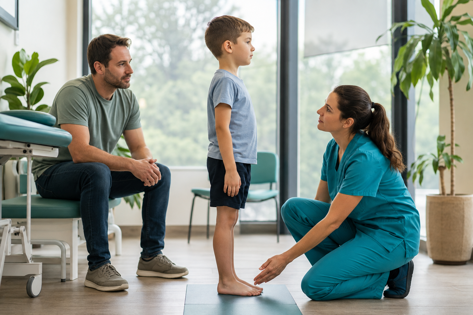2026_09_uprightposturecouk_child_posture_assessment_v1 - Upright Posture - Upright Posture Posture specialist assessing a young boy’s standing posture in a clinic