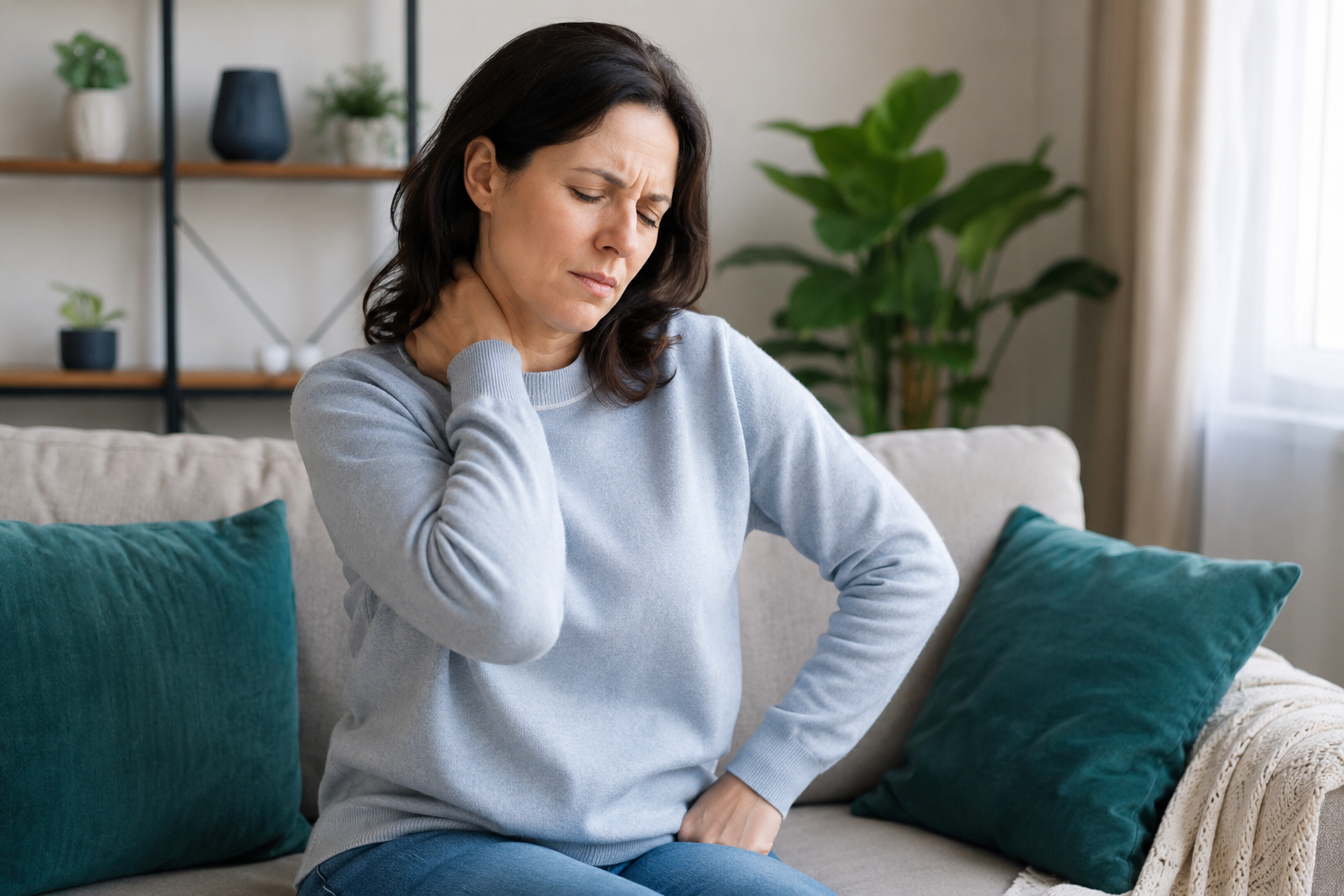 2026_09_uprightposturecouk_neck_discomfort_v1 - Upright Posture - Upright Posture Woman holding the back of her neck while sitting on a sofa