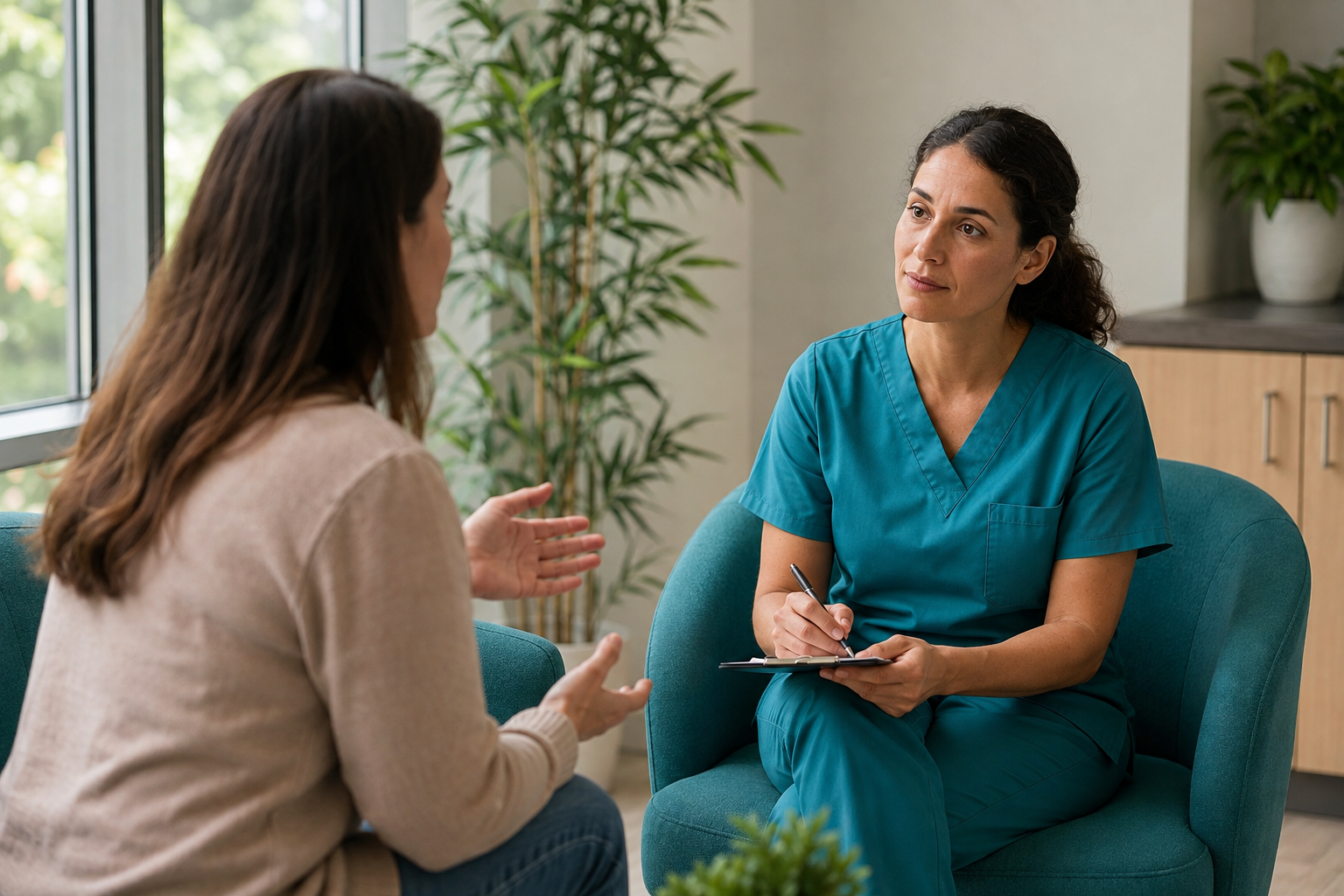 2026_09_uprightposturecouk_posture_consultation_v1 - Upright Posture - Upright Posture Posture specialist speaking with a woman during a clinic consultation