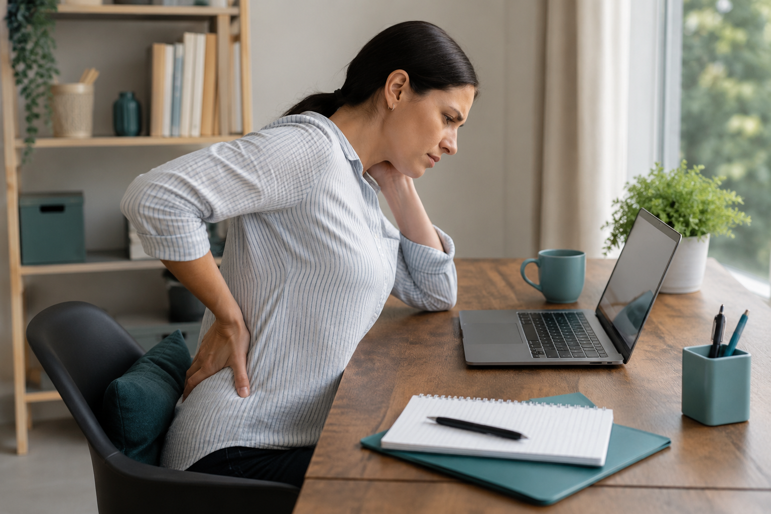 2026_09_uprightposturecouk_pregnancy_back_discomfort_v1 - Upright Posture - Upright Posture Pregnant woman supporting her lower back while working at a laptop