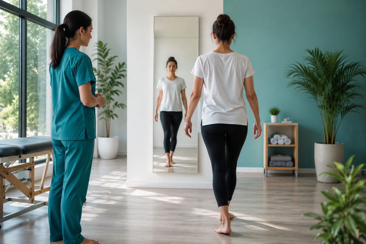 2026_09_uprightposturecouk_walking_posture_assessment_v1 - Upright Posture - Upright Posture Posture specialist observing a woman’s walking alignment in a clinic