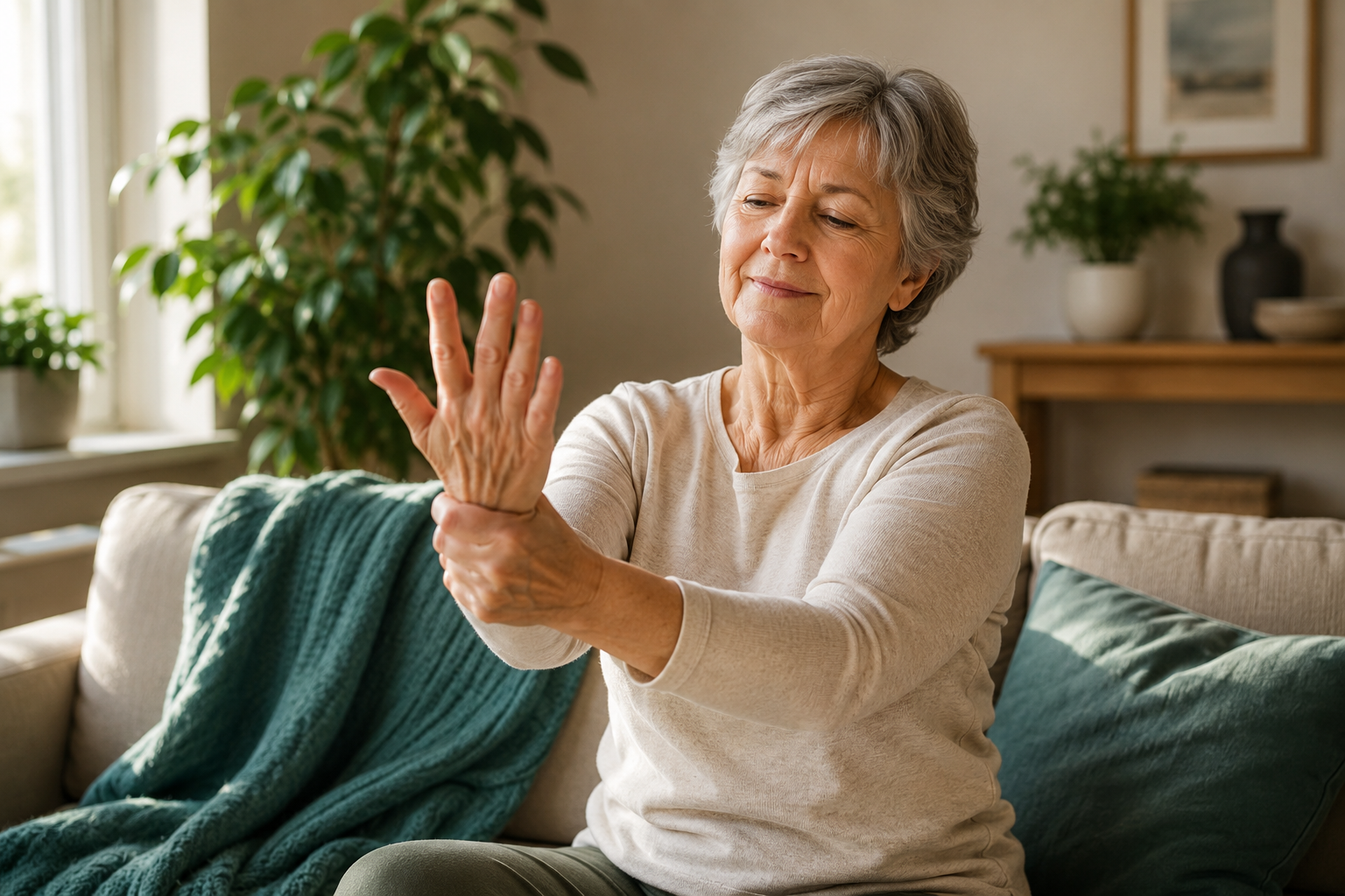 2026_09_uprightposturecouk_wrist_discomfort_v1 - Upright Posture - Upright Posture Older woman holding her wrist while sitting at home