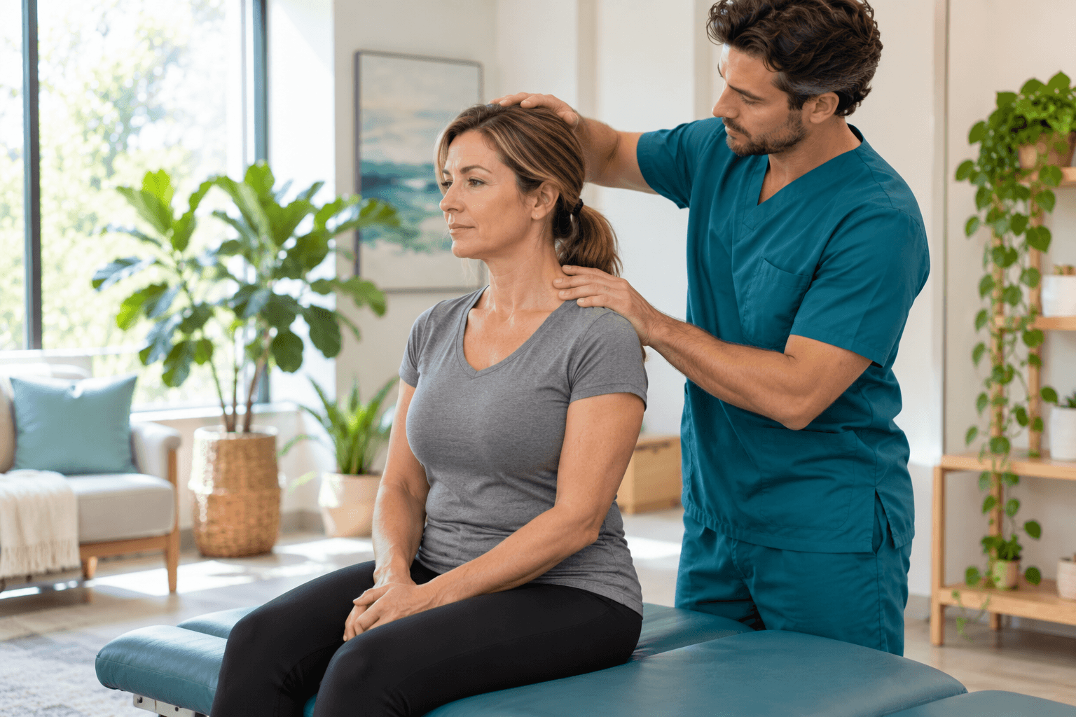 2026_10_uprightposturecouk_img_chiropractic_neck_posture_examination_v1 - Upright Posture Chiropractor gently examining a seated woman's neck and head alignment during a posture assessment.