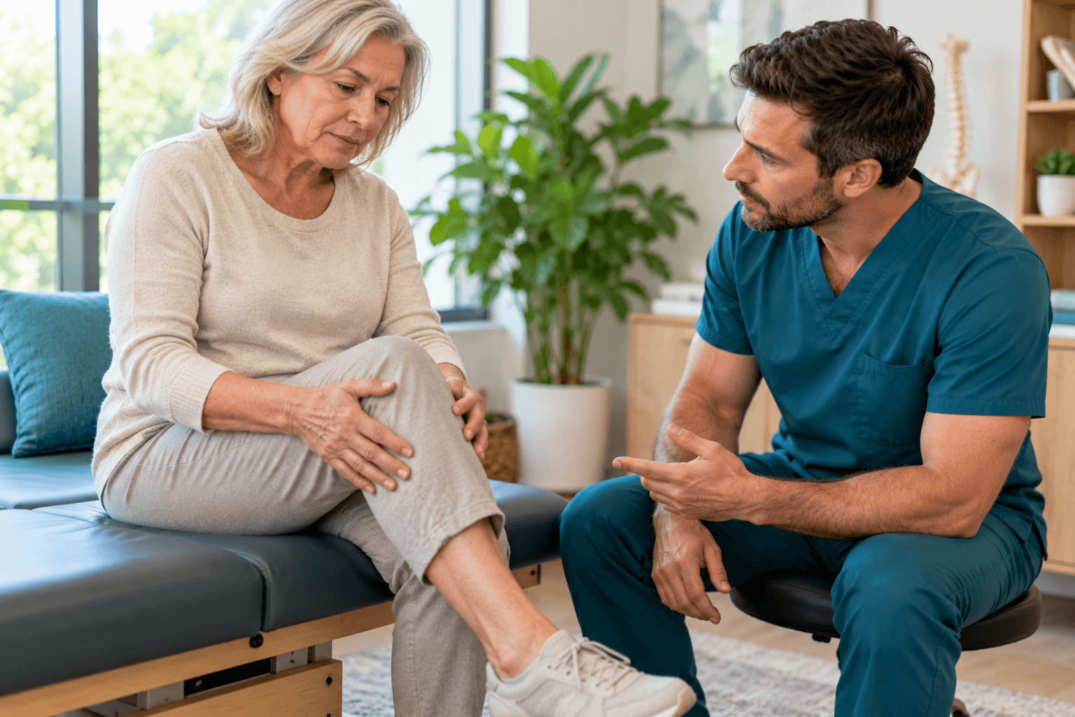 Older woman holding her knee while consulting a chiropractor about knee discomfort in a clinical treatment room.