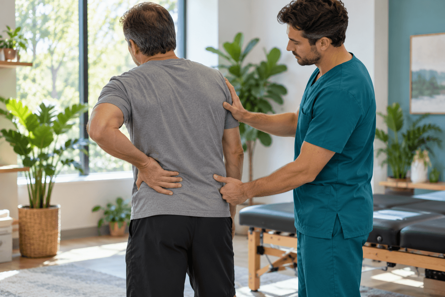 2026_10_uprightposturecouk_img_lower_back_pain_chiropractic_assessment_v1 - Upright Posture Male patient holding his lower back while a chiropractor examines his back and posture in a clinic.