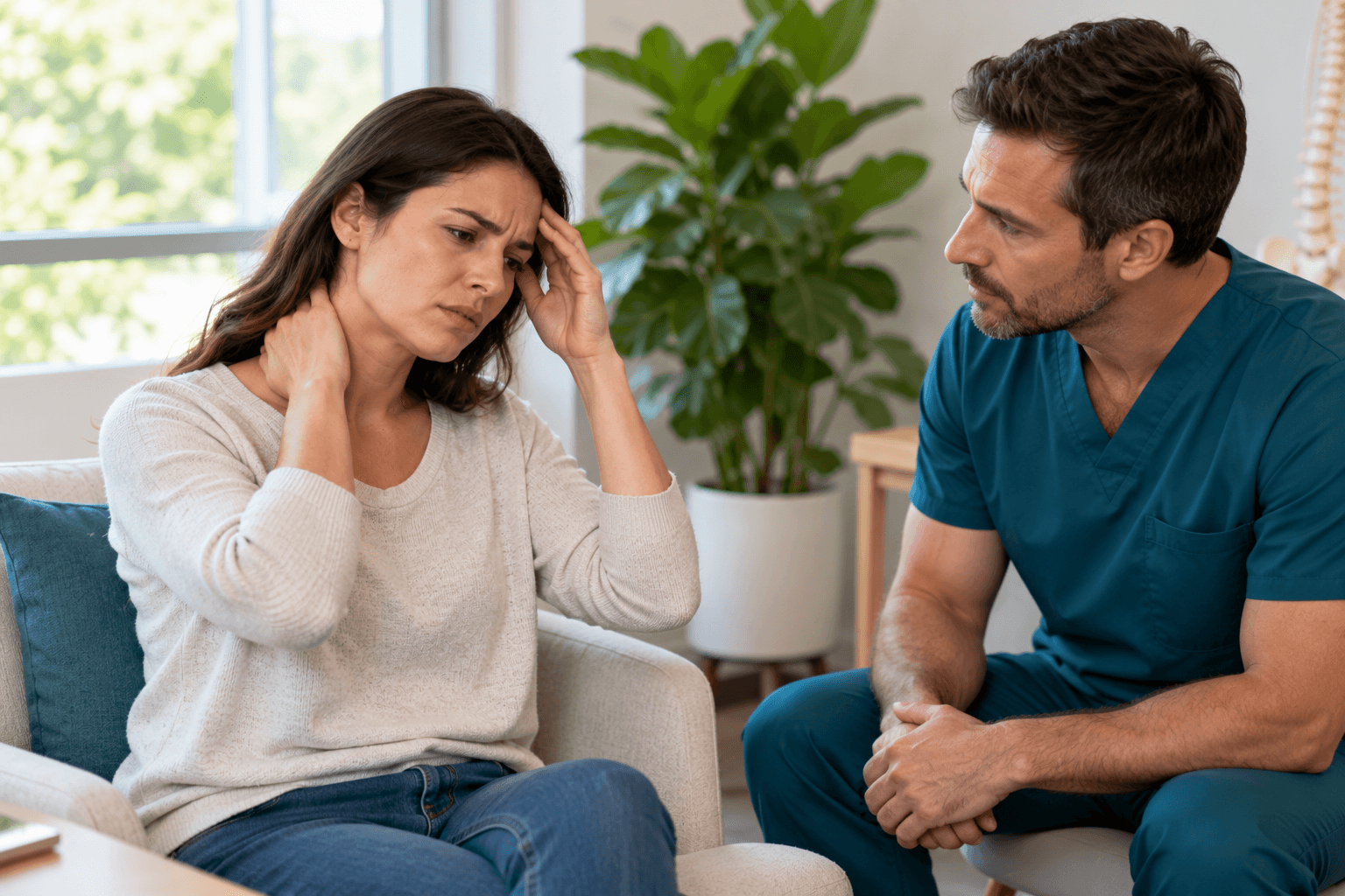 2026_10_uprightposturecouk_img_neck_pain_headache_consultation_v1 - Upright Posture Woman holding her neck and forehead while speaking with a chiropractor about neck pain and headaches.