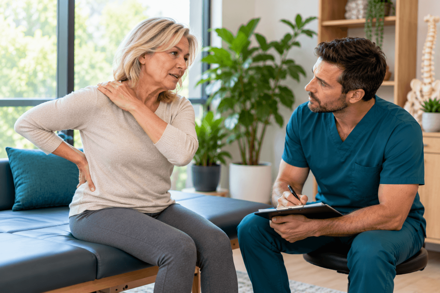 2026_10_uprightposturecouk_img_neck_shoulder_pain_assessment_v1 - Upright Posture Older woman describing neck and shoulder pain to a chiropractor taking notes during a clinic consultation.