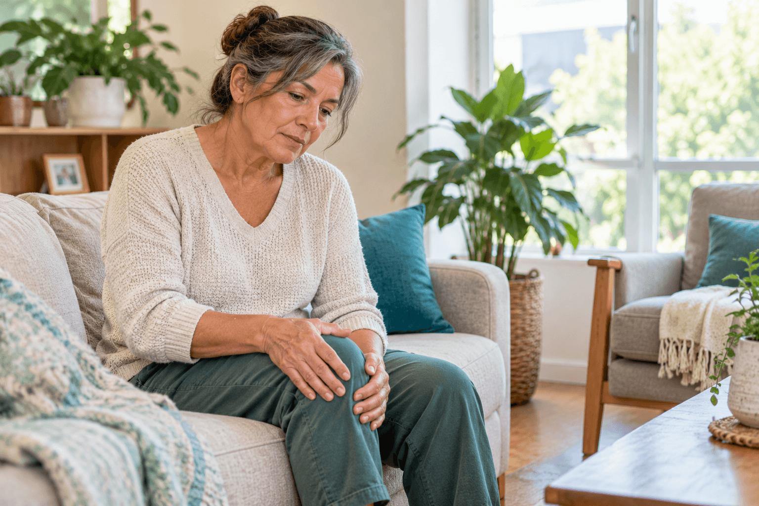 2026_10_uprightposturecouk_img_older_woman_knee_pain_at_home_v1 - Upright Posture - Upright Posture Older woman sitting on a sofa holding her painful knee in a bright living room.