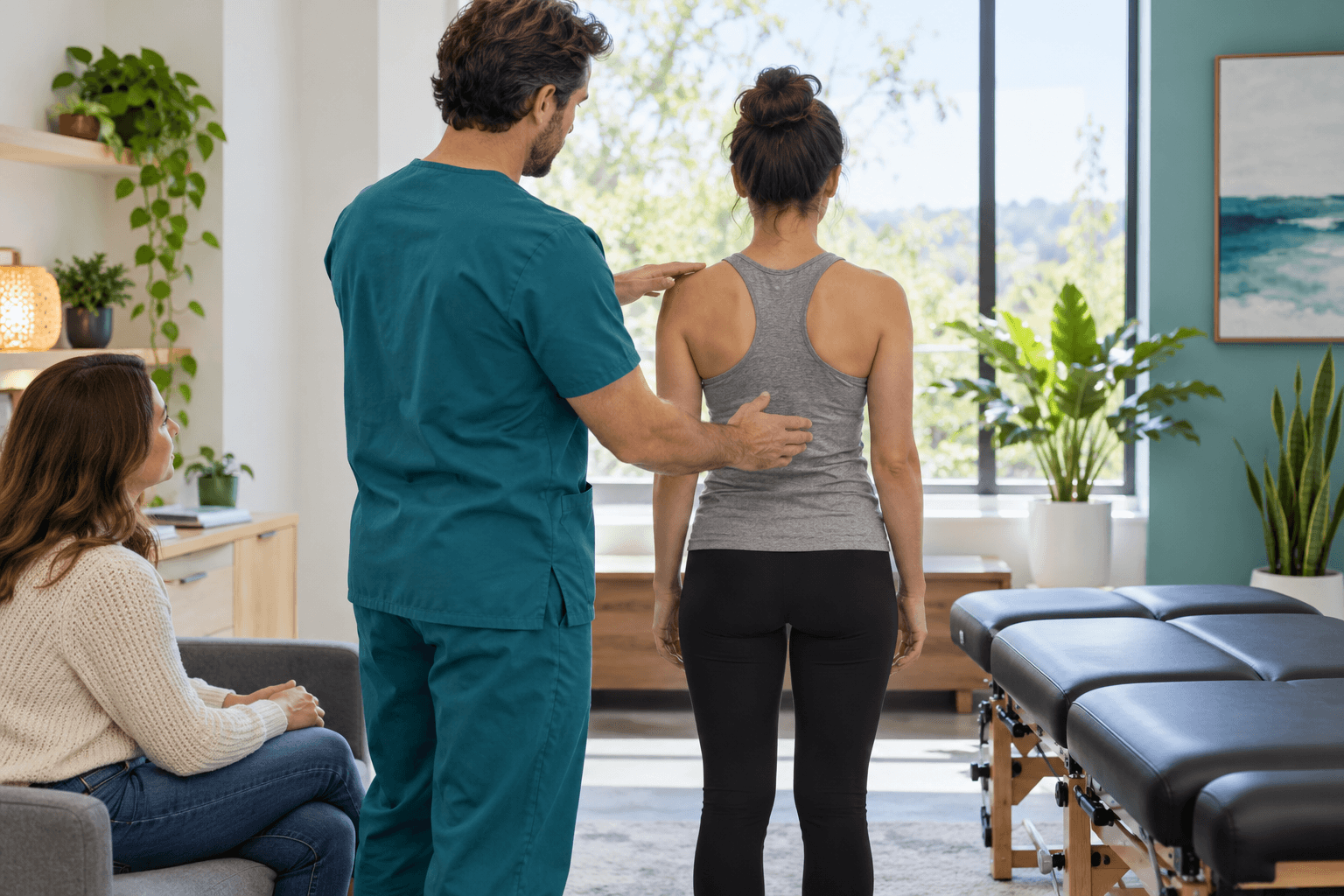 2026_10_uprightposturecouk_img_posture_spinal_alignment_assessment_v1 - Upright Posture Chiropractor assessing a standing female patient's back and shoulder alignment in a modern treatment clinic.